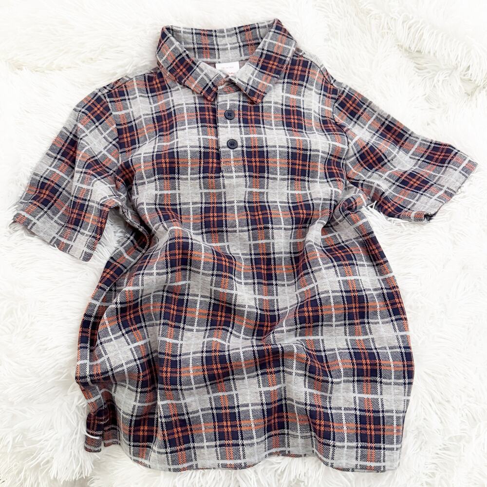 HANNA ANDERSSON | Plaid Cotton Polo Shirt Gray Navy Orange | Boys Size 8